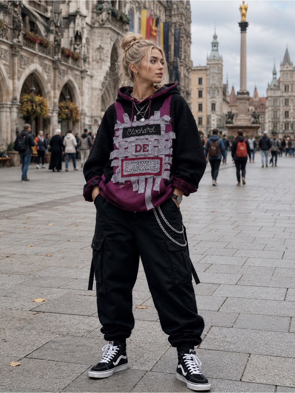 Hand Crafted Burgundy & Black Hooded Sweatshirt with 'De Luxe' Patch - Picture 3 of 11
